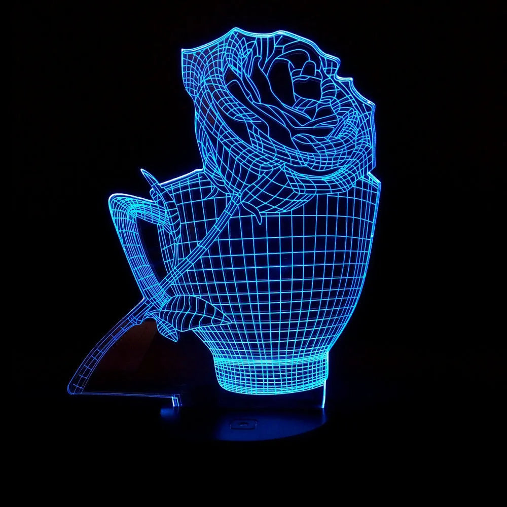 3D rose flower night light with acrylic board, ABS base, and remote control, showing seven colour options
