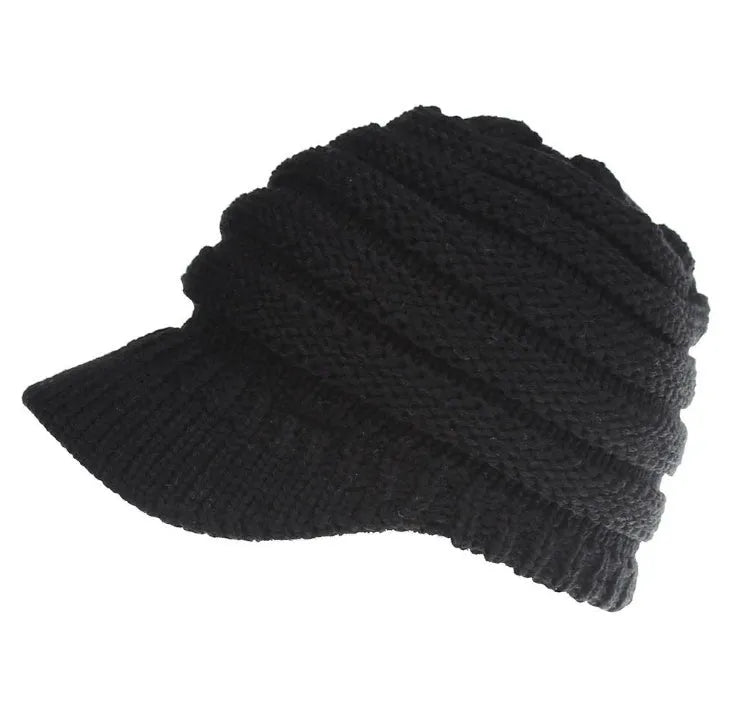 Women's soft acrylic knit ponytail beanie hat in assorted colours on a white background