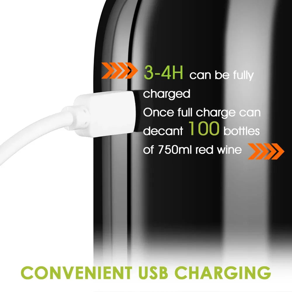 Black electric wine decanter with USB cable and silicone catheters for aerating red wine
