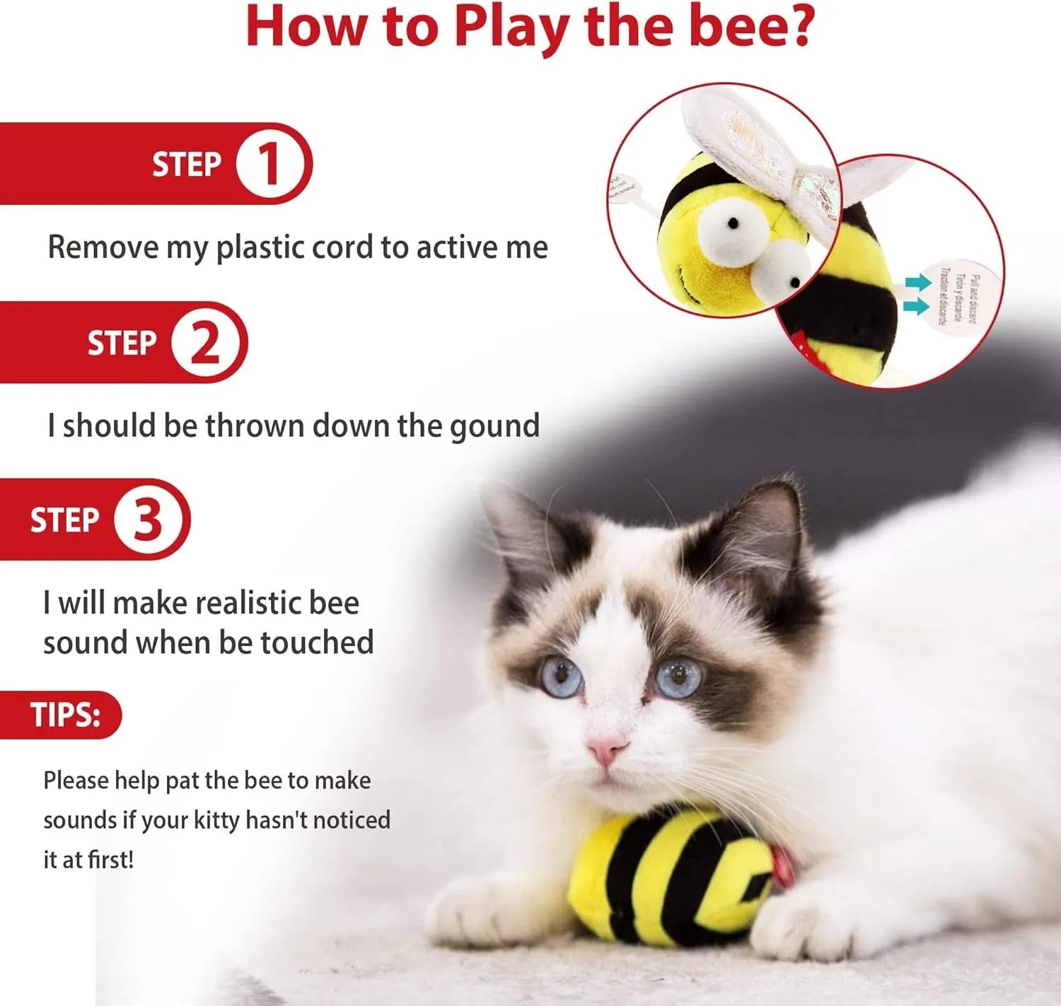 Yellow flannelette chirpy bee sound toy for cats with motion-activated squeaking, approximately 15cm long
