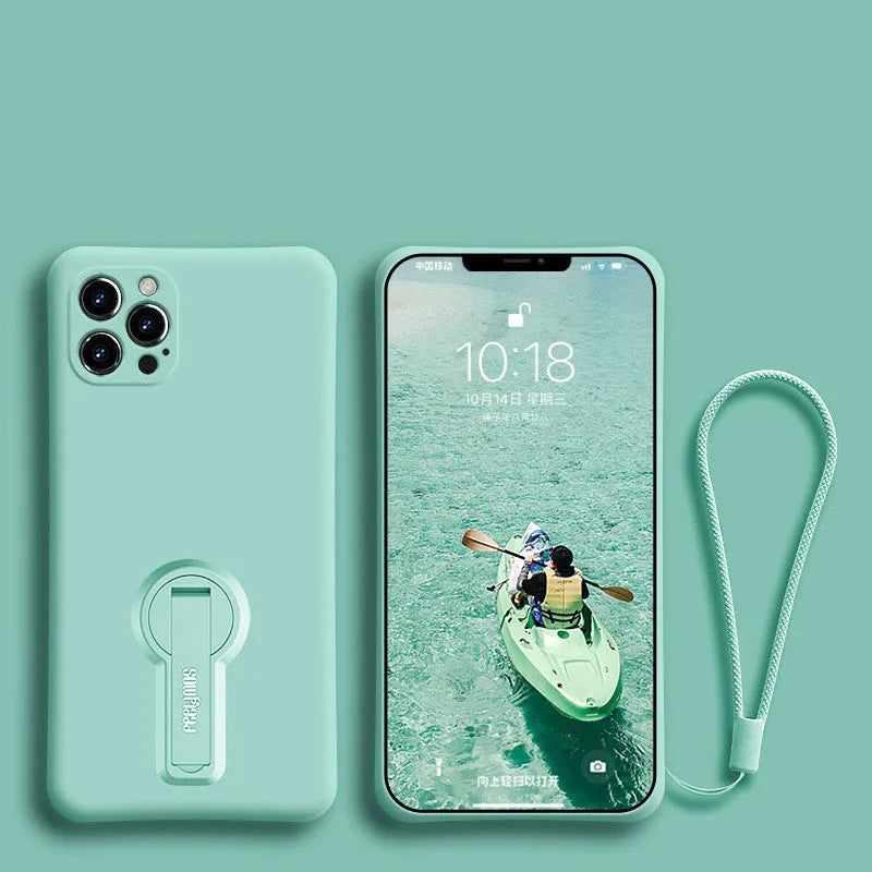 Liquid silicone iPhone 12 case with rotating bracket, lanyard, and raised screen edge, available in six colours.