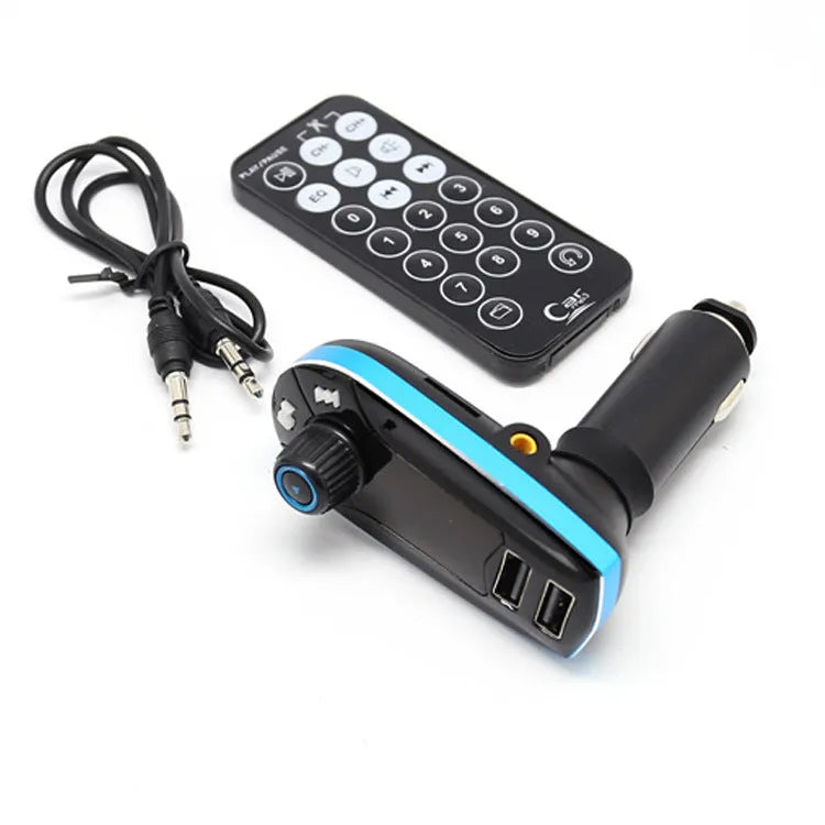 BT618C vehicle Bluetooth MP3 player with LCD screen, USB port, and 3.5mm audio jack for car audio streaming