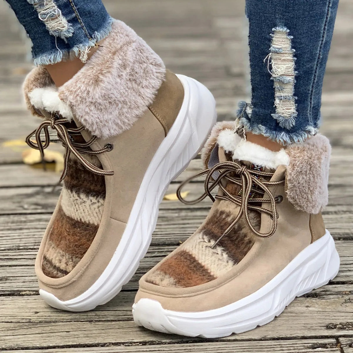 Women's lace-up snow boots in beige with suede upper, platform sole, and thermal plush lining for winter wear