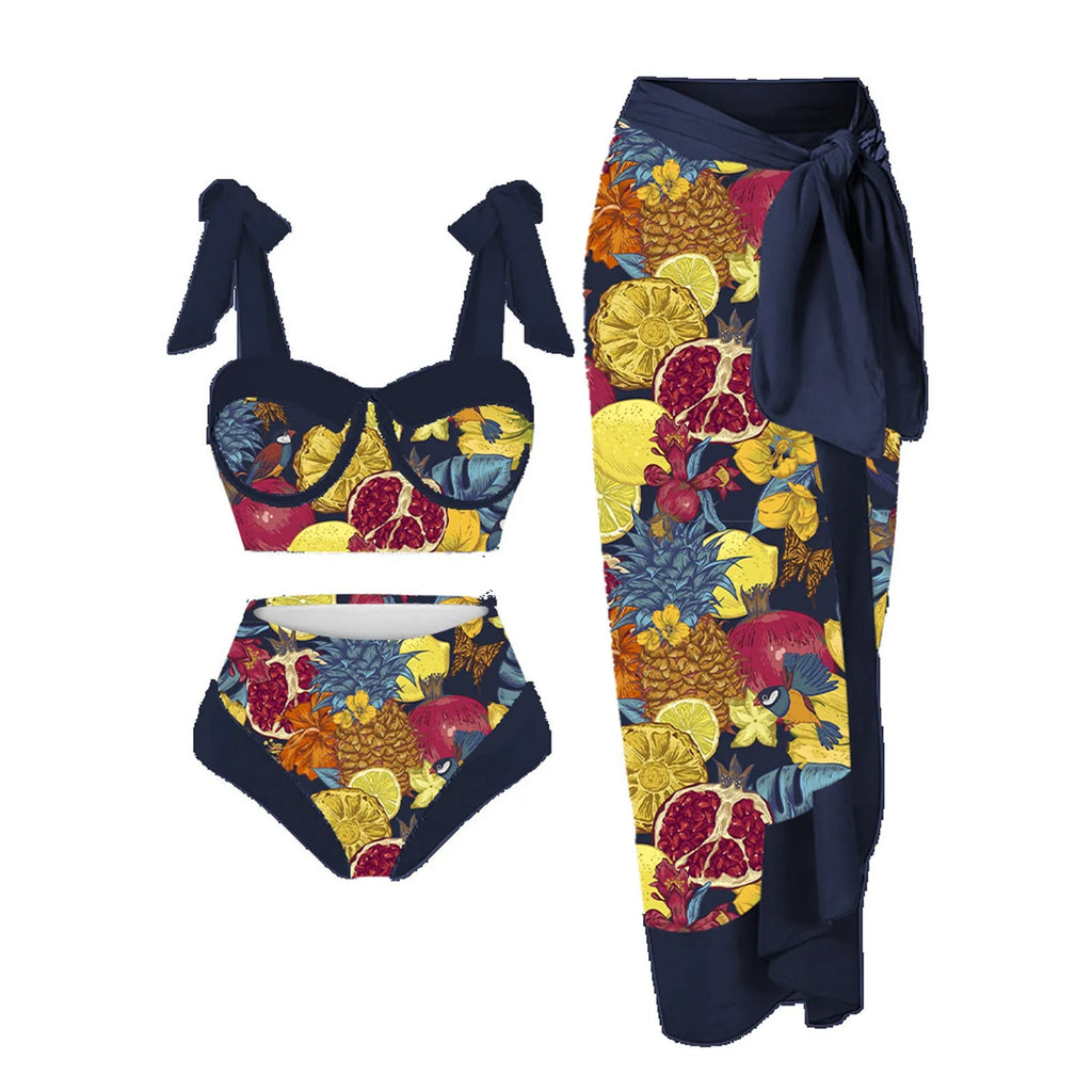 Women's printing split swimsuit three-piece set showing floral pattern on high elasticity polyester fabric