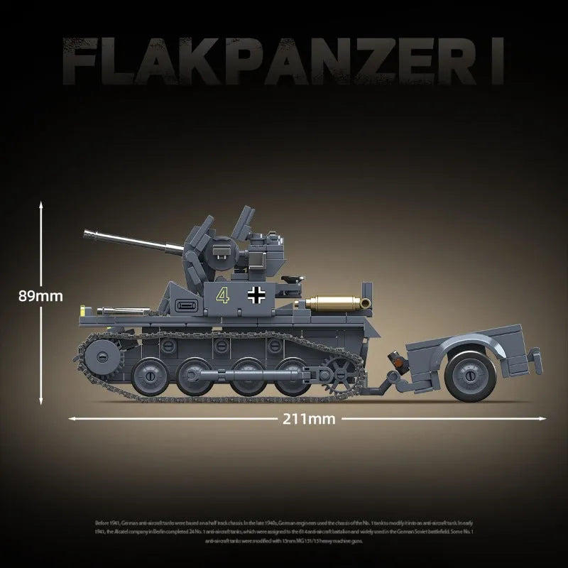 Military German No1 anti-aircraft tank building blocks in German style colour 100299, small particle plastic and rubber set for ages 7-14.