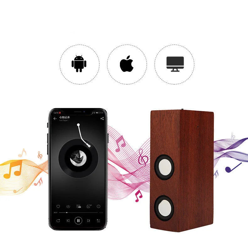 Retro wooden Bluetooth speaker in bamboo finish showing USB port and compact 15cm design