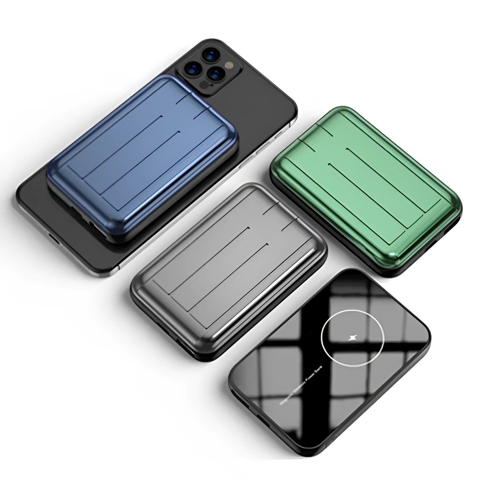 Blue magnetic wireless power bank showing magnetic ring and Multi-U port, dimensions 98x64x16mm.