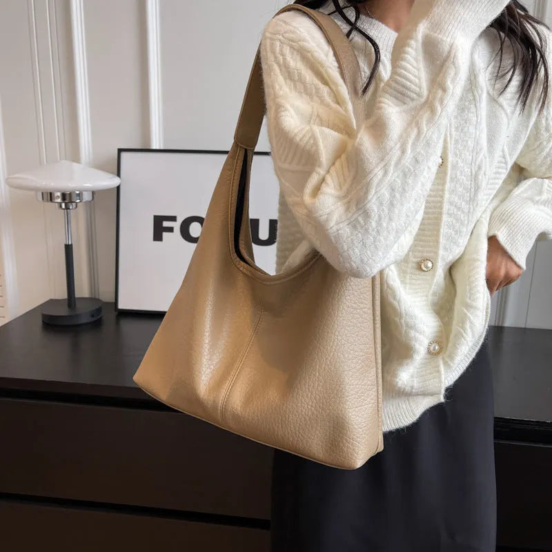 2Pcs women's soft PU shoulder bag set with small wallet in beige, horizontal square shape, daily matching handbag
