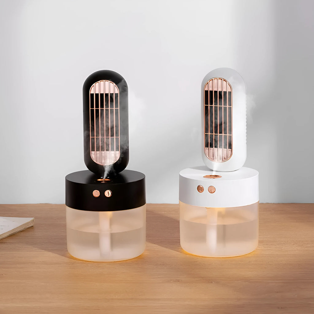 Small black and white desktop humidifier fan with shaking head oscillation and USB charging port