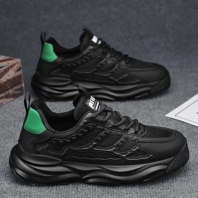 Men's breathable mesh shoes with PU upper material in black or white, showing round toe design