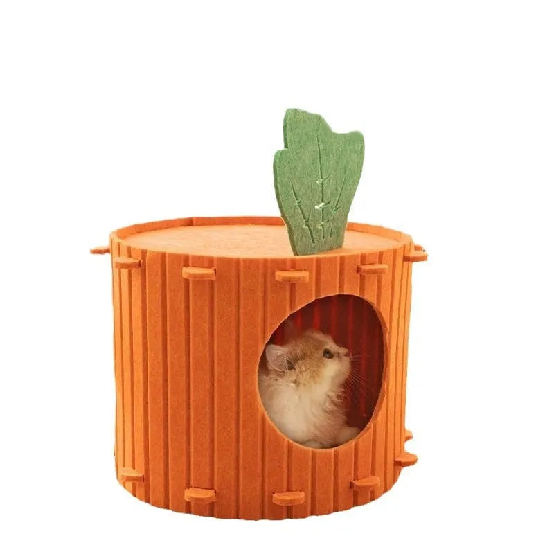 Orange carrot-shaped felt cat nest tunnel with a semi-enclosed opening, shown next to a measuring tape indicating 40cm length.