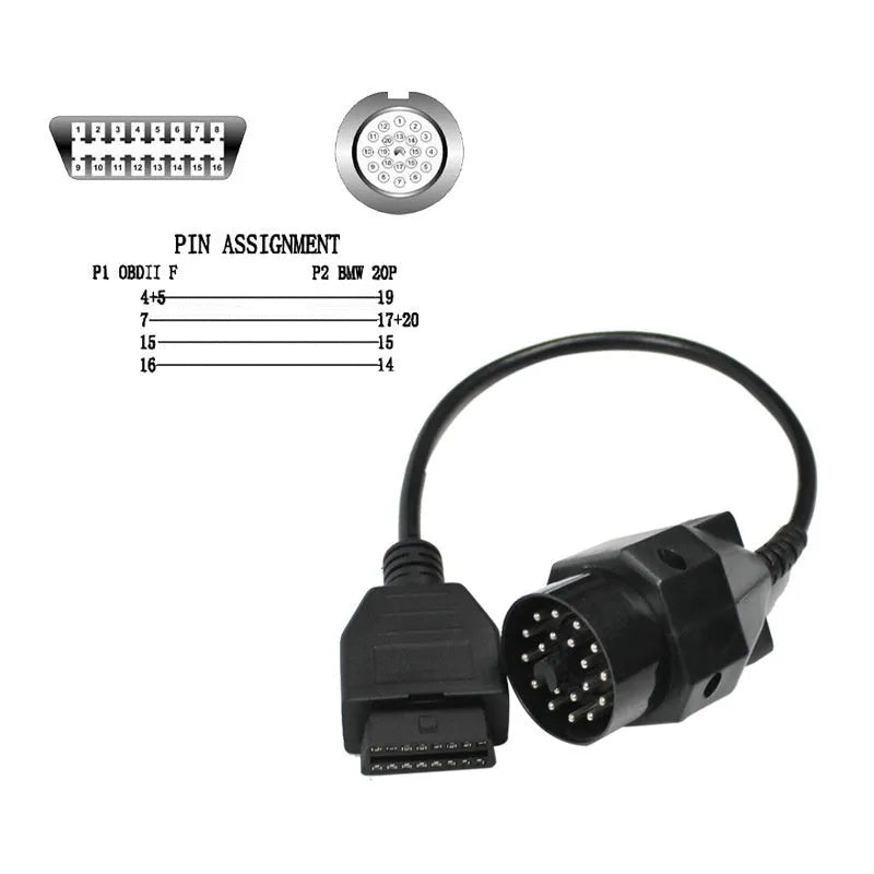BMW 20-pin to OBD2 16-pin diagnostic connector adaptor cable for vehicle scanner compatibility