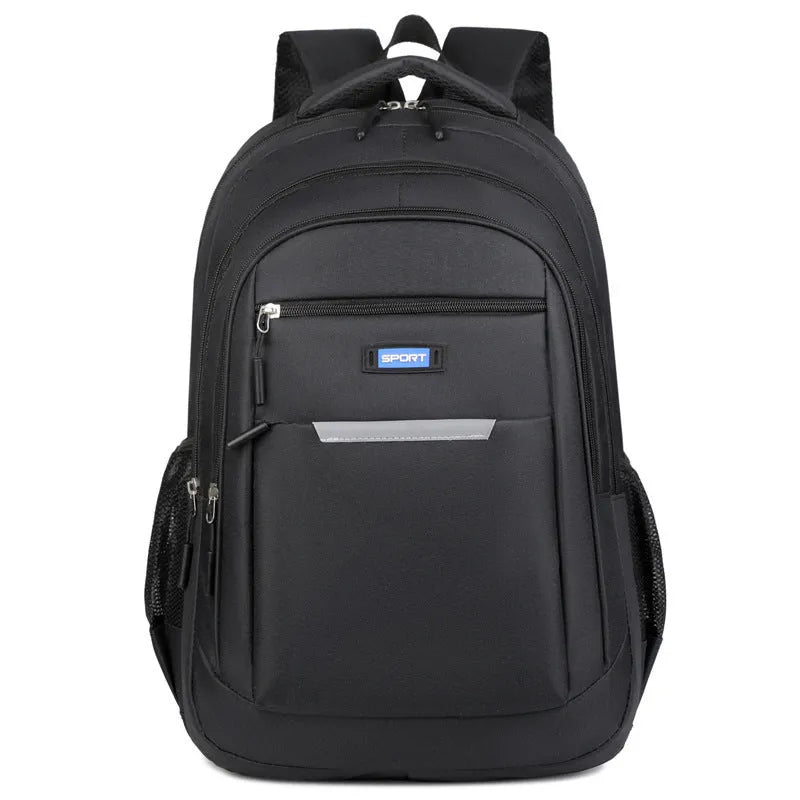 Casual Oxford cloth men's backpack in grey, shown from a side angle.