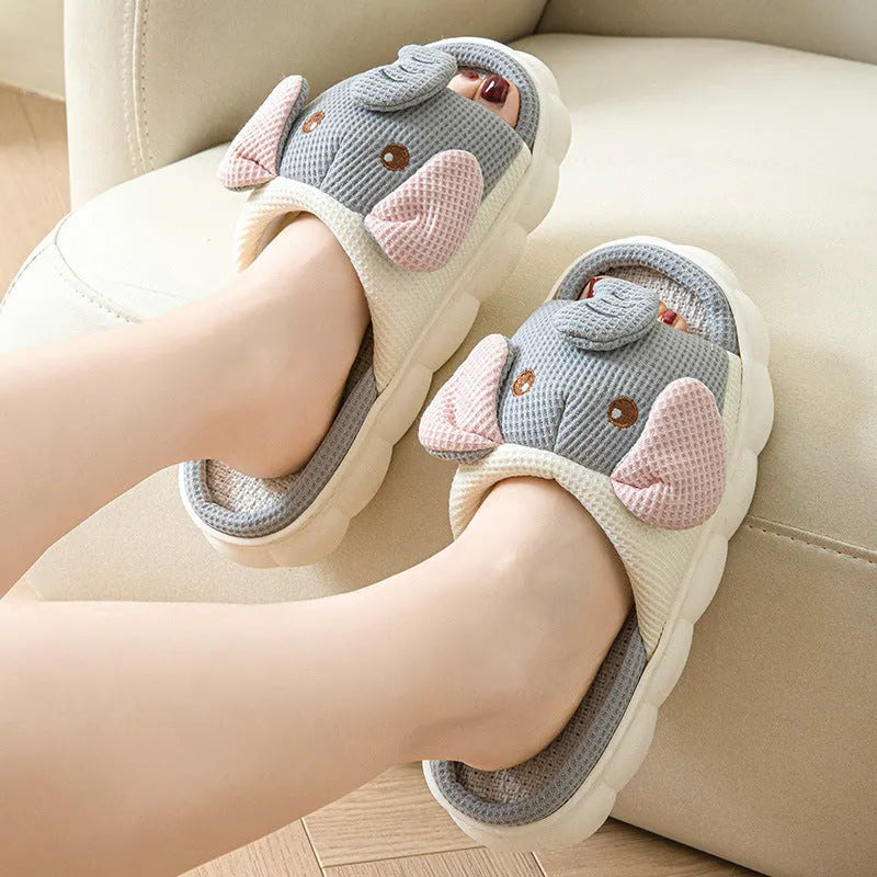 Elephant grey animal print linen open toe slippers for couples on PVC soles