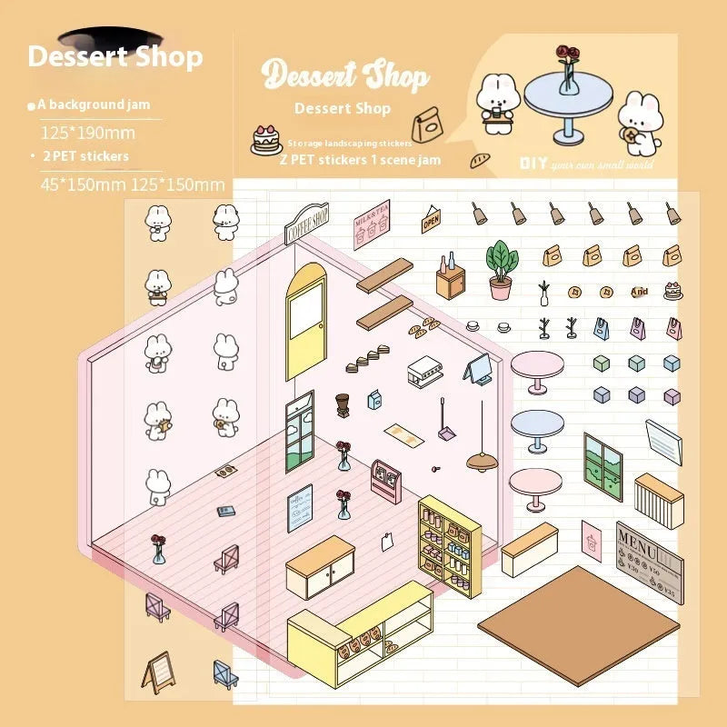 Capabala cartoon stickers showing eight 190x125mm themes: bakery yellow, bookstore green, flower shop pink designs