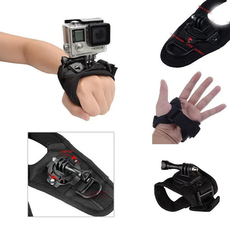 GoPro action camera mounted on a black adjustable wrist strap with 360-degree rotating connection.