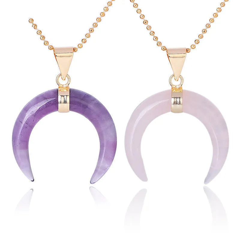 Crystal semi-precious stone moon pendant necklace on adjustable chain, showing natural stone details and copper fittings