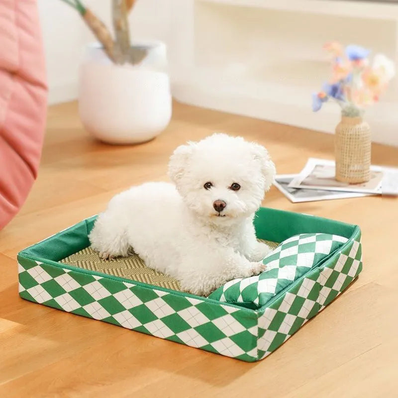 Blue cat litter mat with integrated rattan bed showing 2 cm raised border and removable fabric insert