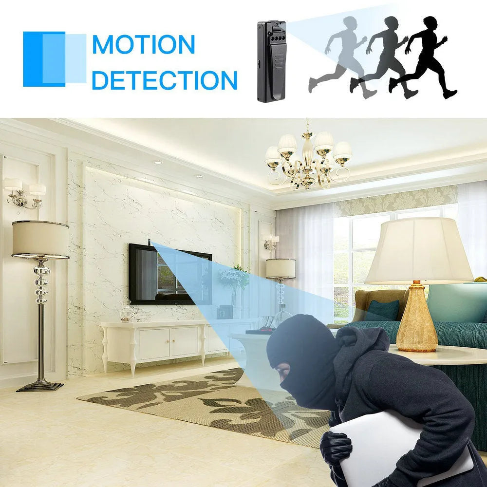 Black 1080p HD DV home camera with 90-degree rotation, night vision, and TF card slot for home security.