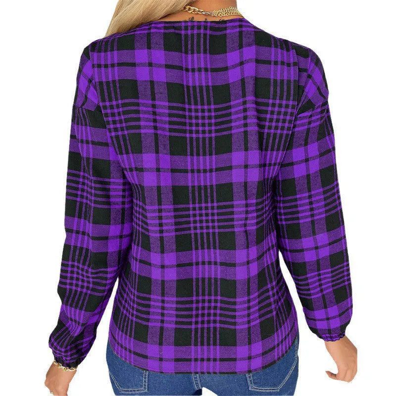 Women's plaid casual loose shirt in purple, gray, or red with regular sleeves and polyester fabric