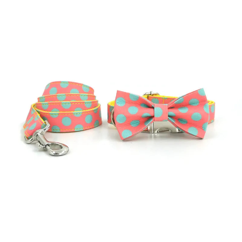 Yellow polka dot dog collar and lead rope set with bow detailing