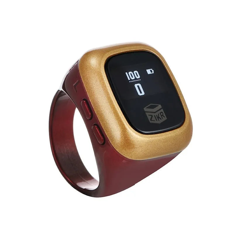 Al-fatiha Zikr electronic counter on wrist with digital display showing count, available in black, space grey, rose gold, silver, wine red, green.
