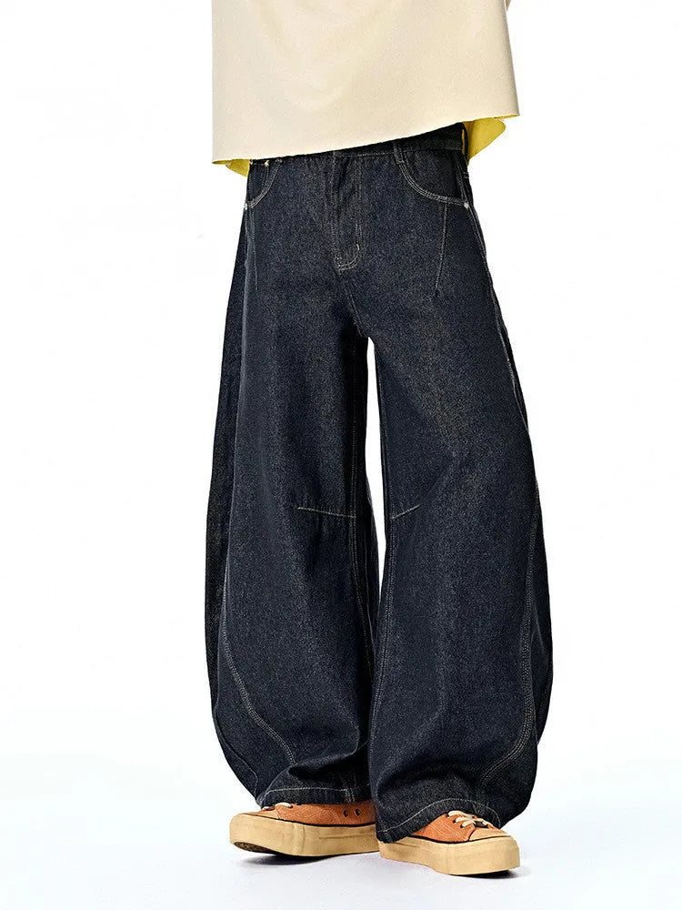 Men's wide-leg denim trousers in original cow colour with mid-waist design and relaxed fit