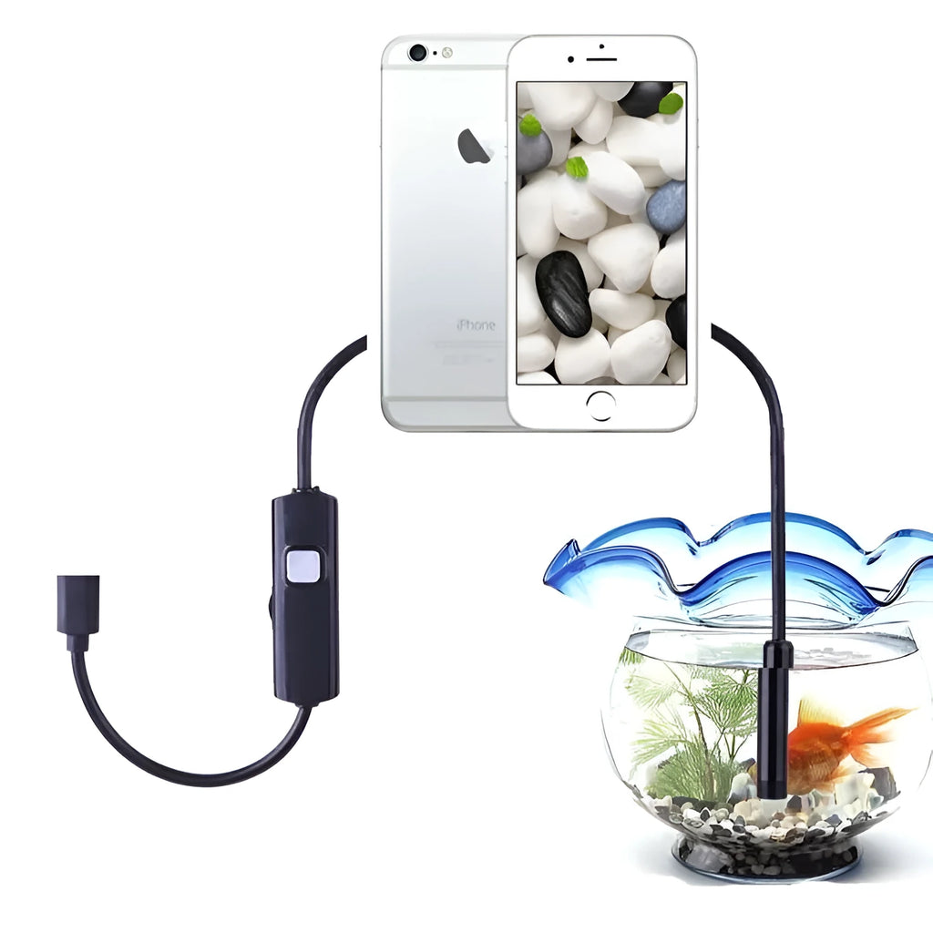 Three-in-one USB endoscope with 5.5mm probe, 640 x 480 resolution, Micro USB and Type-C, black, cable length optional.