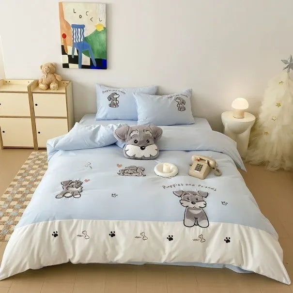 Schnauzer cartoon pattern cotton bedding set with embroidery detailing on quilt cover and pillowcases