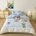 Schnauzer cartoon pattern cotton bedding set with embroidery detailing on quilt cover and pillowcases