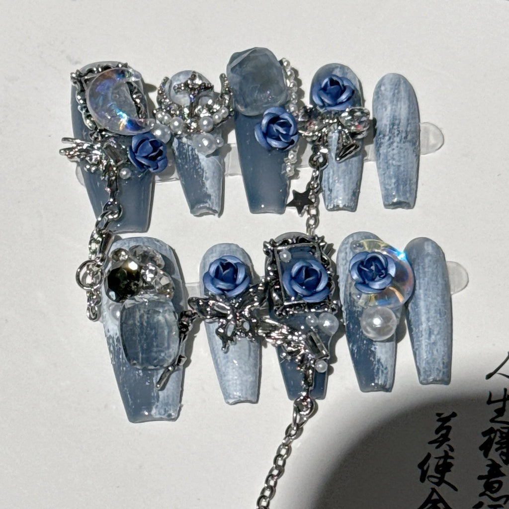 Heavy Industry Blue Beauty Evening Manicure with ornate rose pattern in V04 night blue colour for ladies