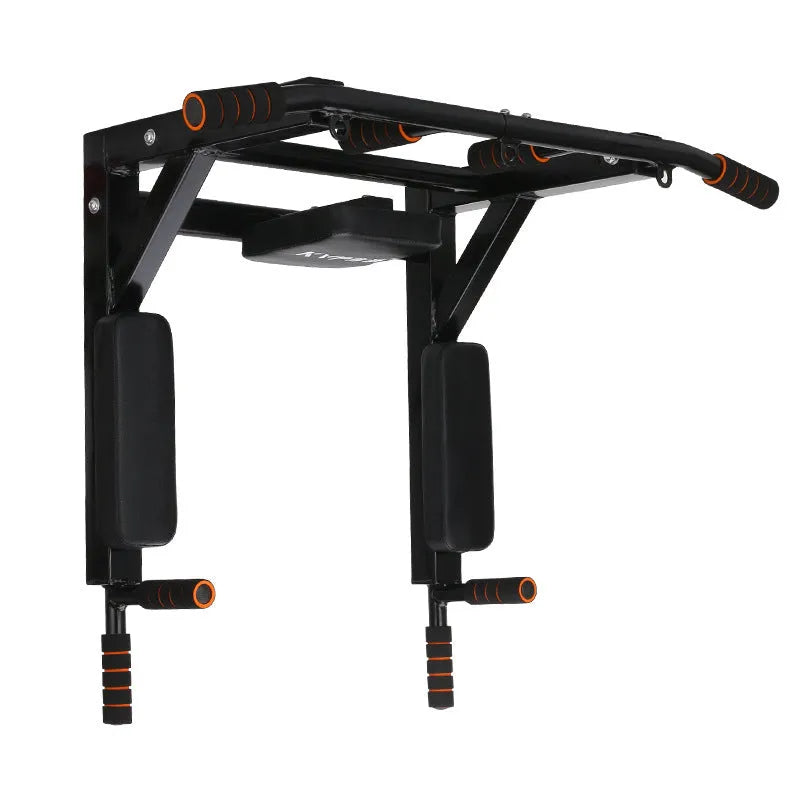 Black wall-mounted fitness rack with parallel bars for pull-ups, dimensions 77cm by 47cm