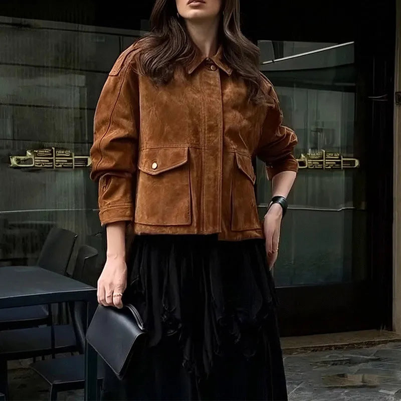 Women's suede coat in bright brown with regular sleeves, sizes S to 3XL, made from 100% polyester for street chic style.