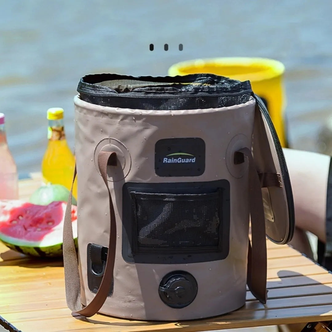 Folding fishing bucket with mesh pocket in lemon yellow colour showing 25-litre capacity and collapsed storage position