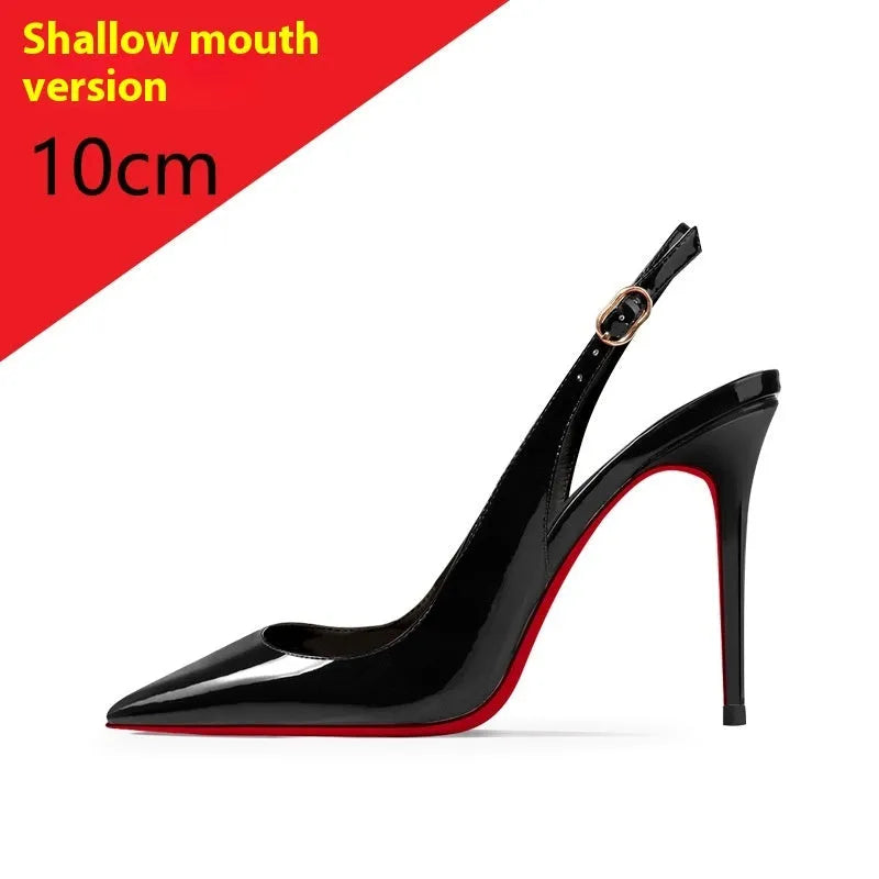 Women's black stiletto heel sandals with ankle strap and pointed toe on a red background