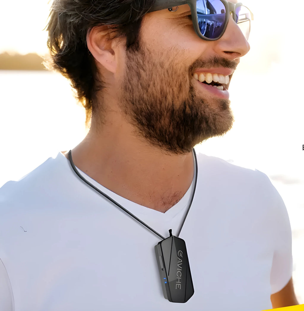 Black plastic wearable air purifier necklace showing dimensions 80mm by 37mm by 24mm.
