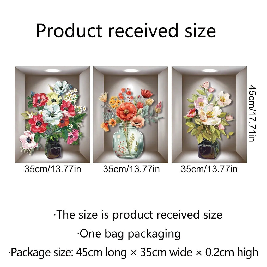 3D vase plant wall sticker, PVC plane wall decal with plants and flowers pattern, 30x45cm 3 sheets
