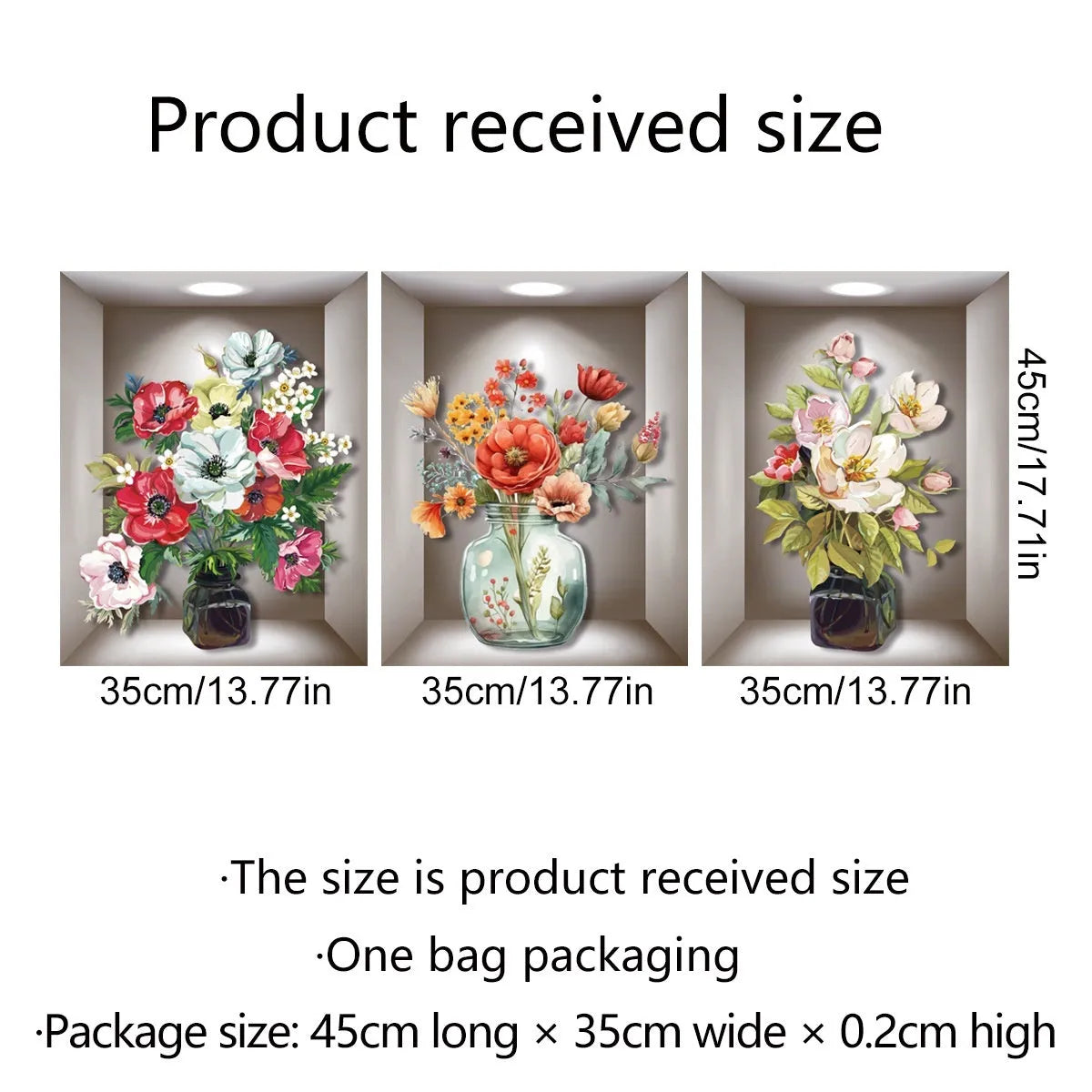 3D vase plant wall sticker, PVC plane wall decal with plants and flowers pattern, 30x45cm 3 sheets