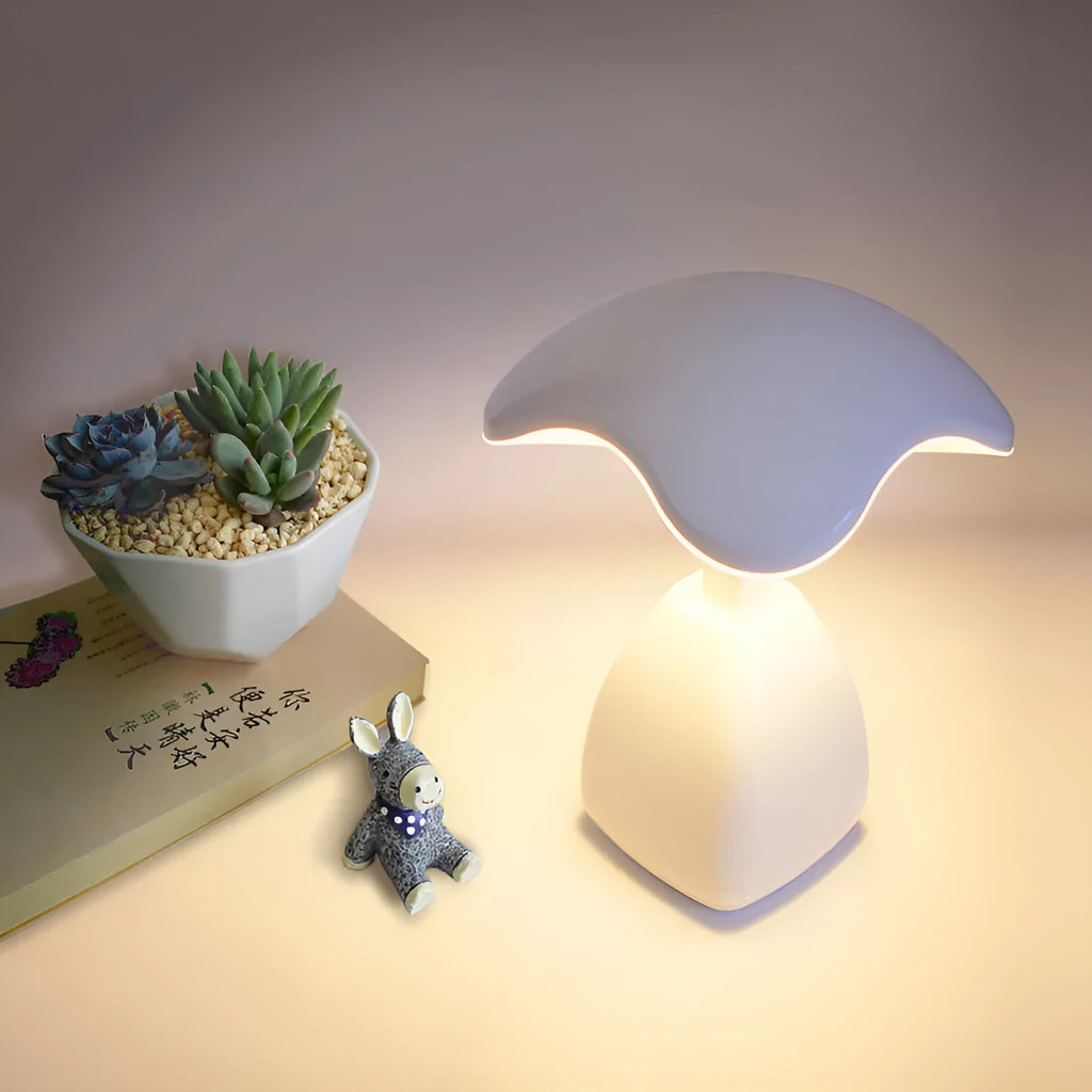 White modern LED desk lamp with touch control and plastic shade for bedside or desk use