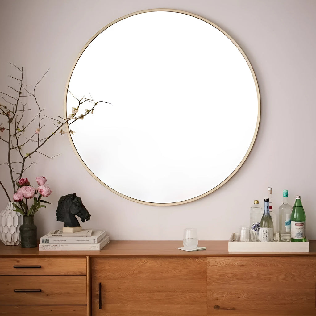 Round bathroom wall mirror with metal frame in black, gold or white colour options