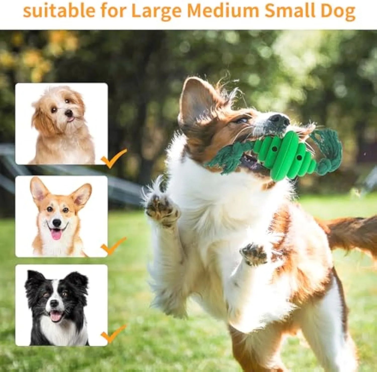 Green and yellow dog ball with rope toy, food dispenser design for large dogs, 12cm size