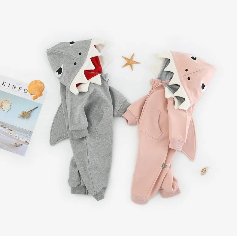 Cartoon shark hooded children's robe with long sleeves, full-length zipper, and 90% cotton fabric in gray or pink