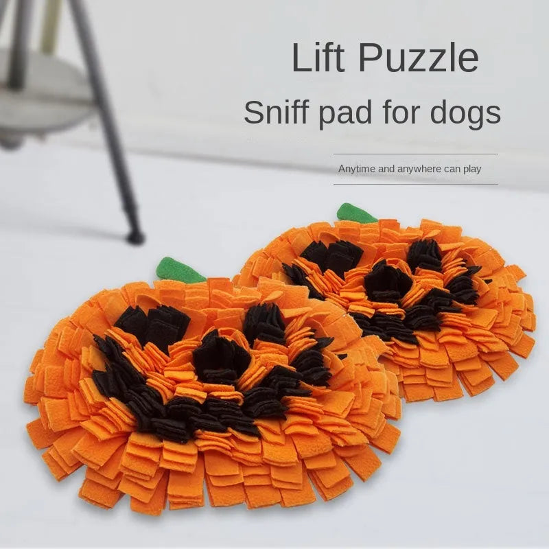 Orange pumpkin-shaped dog sniffing mat with fur fabric surface for slow feeding and food training