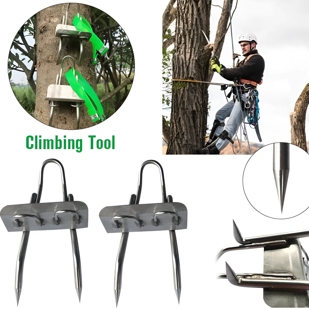 Pair of 304 stainless steel tree climbing spikes with sharp claws and two fastening straps