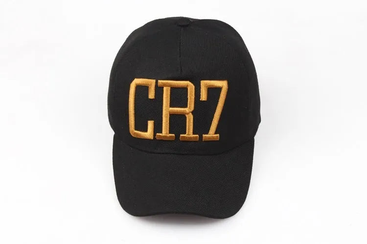 CR7 baseball cap in black with cotton satin weave, letter pattern, curled eaves and big brim.