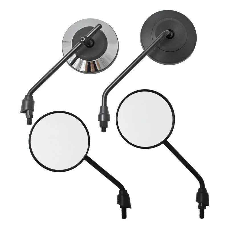 Retro motorcycle rearview mirror with ABS shell, 10mm thread, and adapter screws, in full black or silver black.