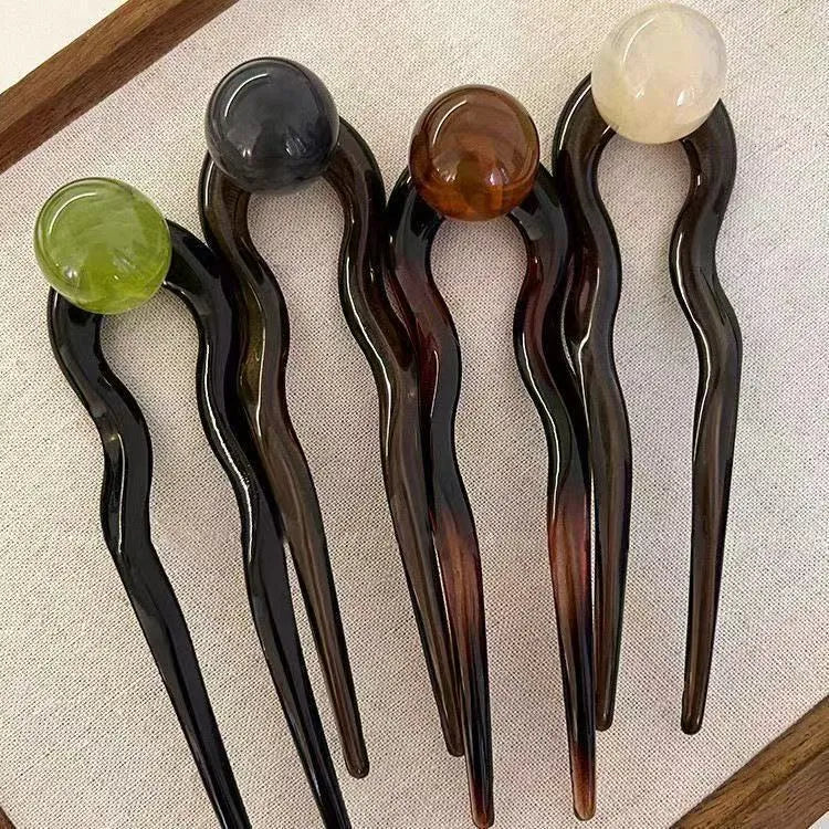 Ball retro U-shaped hair pin barrettes in acrylic with beige, caramel, dark grey, and green colour options