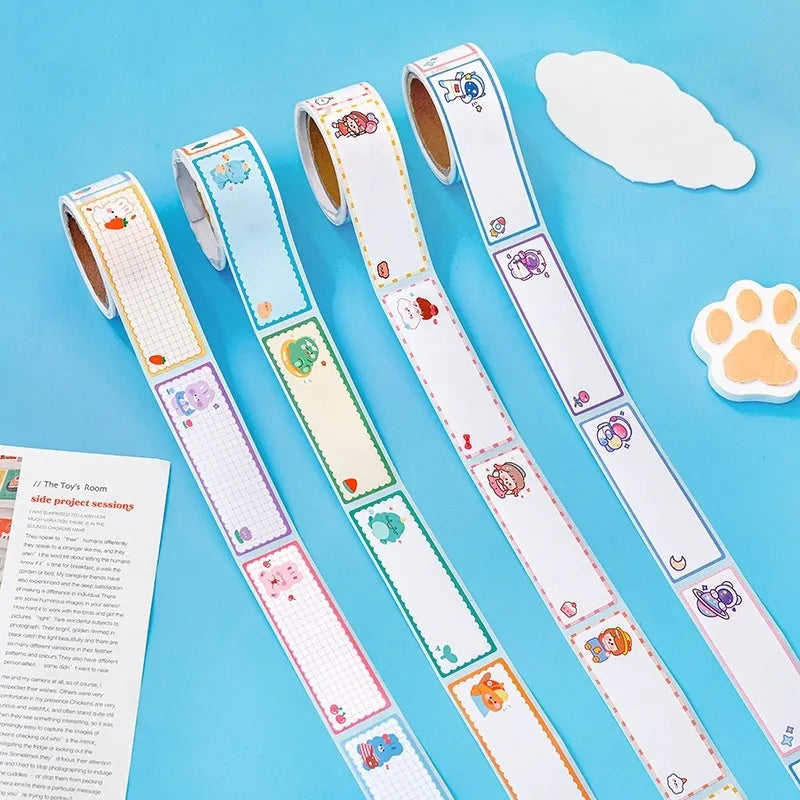 Roll of student cartoon name tape stickers with dinosaur, astronaut, rabbit, and girl designs for labelling school items