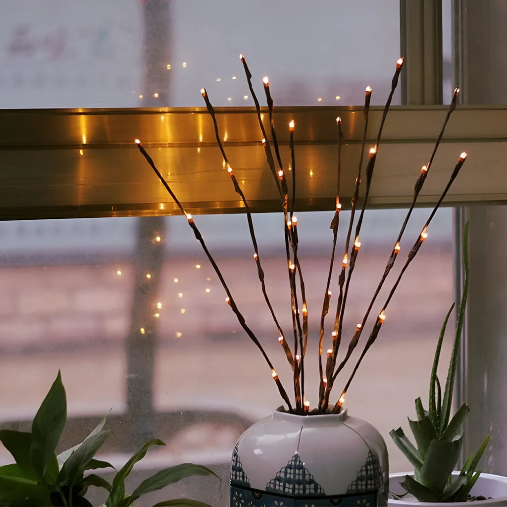 20 LED twig branch light string, 75cm, five branches, battery operated 3V decoration for parties and weddings