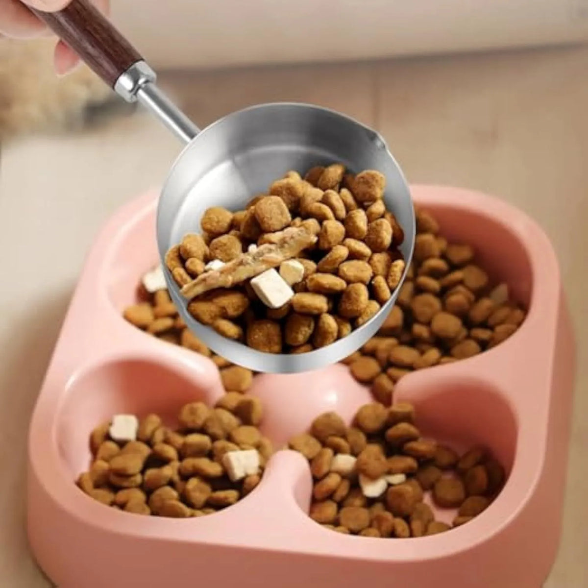 304 stainless steel dog food scoop with wooden handle and measuring cup design for dry pet food, small and large sizes available.